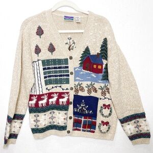 Vintage NorthCrest Thematic Holdiay Sweater Cabin Wreath Reindeer Snow Wreath